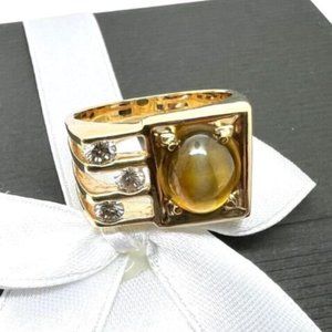 14k Yellow Gold Synthetic Cabochon Yellow Sapphire 2 CTS & Diamond Ring SZ 9.25